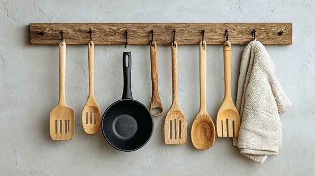 Wooden kitchen utensils and a dishcloth hang on a rustic wall rack.