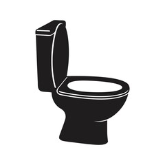 A clean, new white ceramic toilet bowl with a seat, isolated for a sanitary bathroom or restroom Simple flat black silhouette icon of a modern commode toilet bowl