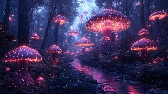 Mystical glowing mushroom forest at night