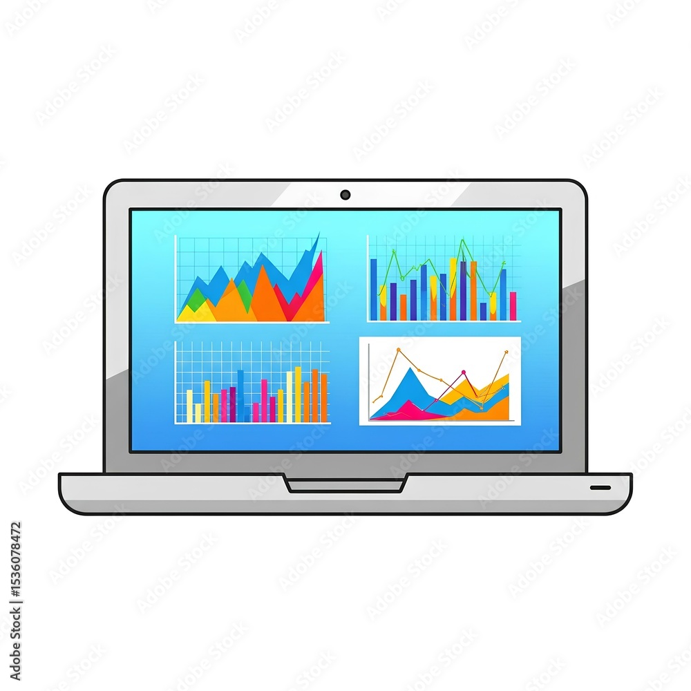 Poster laptop displaying colorful business graphs data analysis financial charts marketing statistics