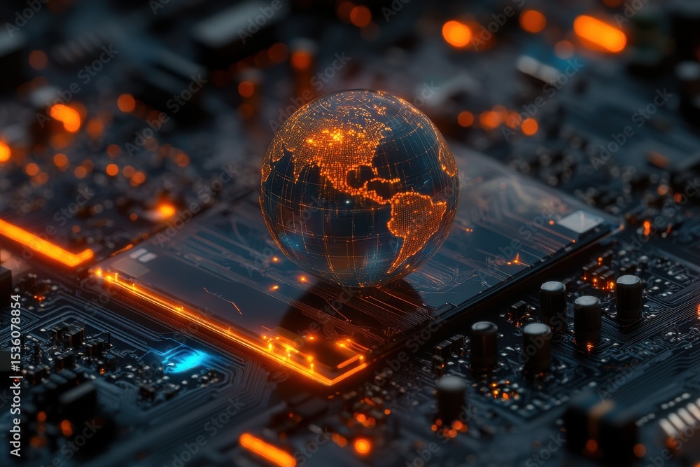 Aufkleber global network digital globe on circuit board technology data dark glow world lines cyber future