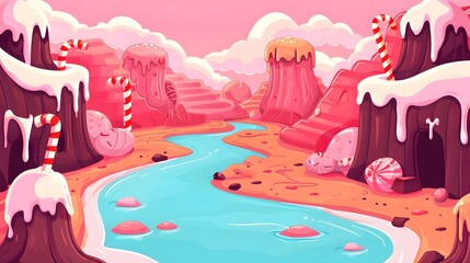Whimsical Candy Land Landscape with River and Sweet Rock Formations Illustration
