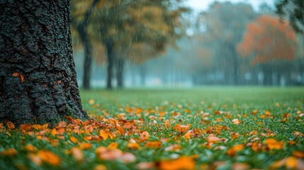 Autumnal park scene, rain falling, vibrant colors