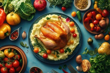 Beautiful advertising composition of turkey meat served with creamy mashed potatoes and vibrant vegetables, photorealistic 8k --ar 62:41 --v 6.1 Job ID: a9f583c0-6227-46fb-8815-bebc9cb20e7e