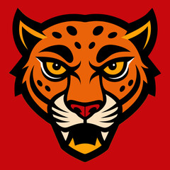 Orange Jaguar Head Logo Intense Eye Contact Red Background Vector Illustration