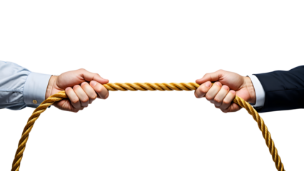 Two hands pulling a rope in opposite directions isolated on transparent background