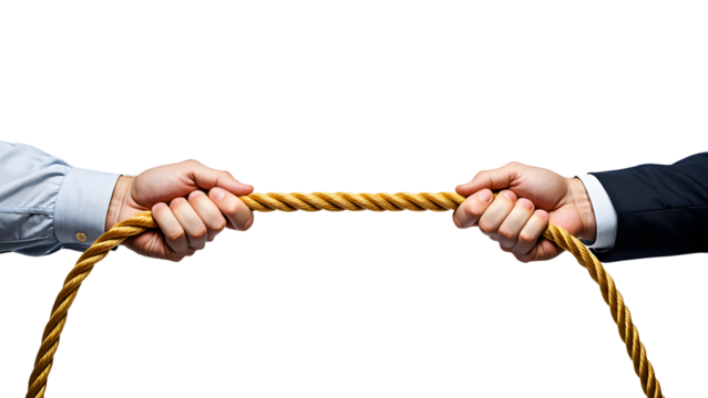 Two hands pulling a rope in opposite directions isolated on transparent background