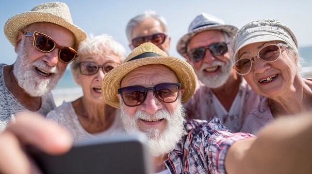 Happy Senior Friends Taking a Selfie at the Beach Smiling Joyful Retirement Vacation Summer Sunglasses Elderly People Group Photo Active Aging sea sky fun old sand ocean women