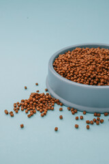 Dry pet food spilled from a blue bowl on a light blue background. Minimalist concept for pet care and feeding