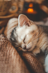 Sleeping kitten wrapped in soft brown knits next to an open book and ceramic cup, creating a warm and cozy autumn or winter reading scene