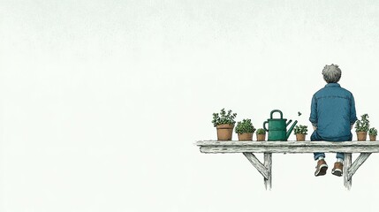 Person sits contemplatively on a wooden planter box.
