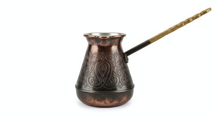 Traditional Turkish coffee pot (cezve) with patina texture, isolated on white background. Generative AI