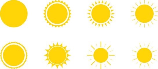 Sun icons set isolated on transparent background. Yellow sun icon collection. Shine sun ray,  sunshine, solar glow, sunrise and sunset. Vector illustration