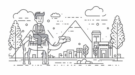Man riding a camel in a desert scene with pyramids.