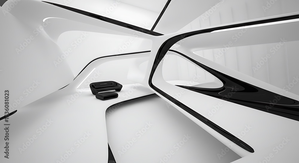 Poster abstract dynamic white interior with black smooth objects