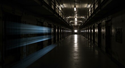 Fototapeta premium A dark room with a long corridor. Lots of cell doors for detainees. The beam of light is moving. At the end of the corridor there is a bright spot of a window.