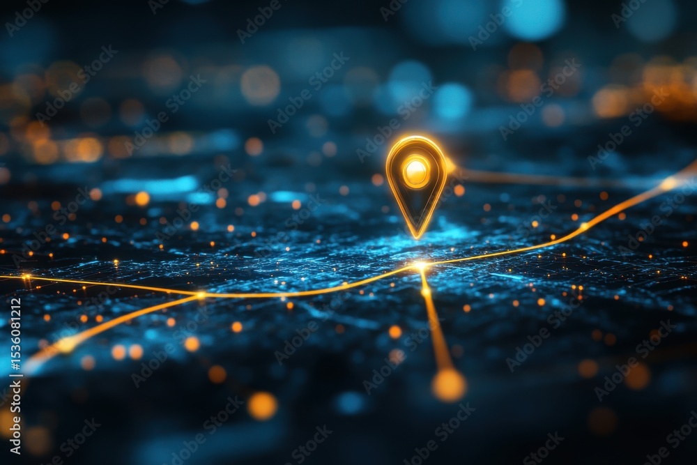 Poster glowing golden location pin on digital network map abstract technology background gps data blue dark