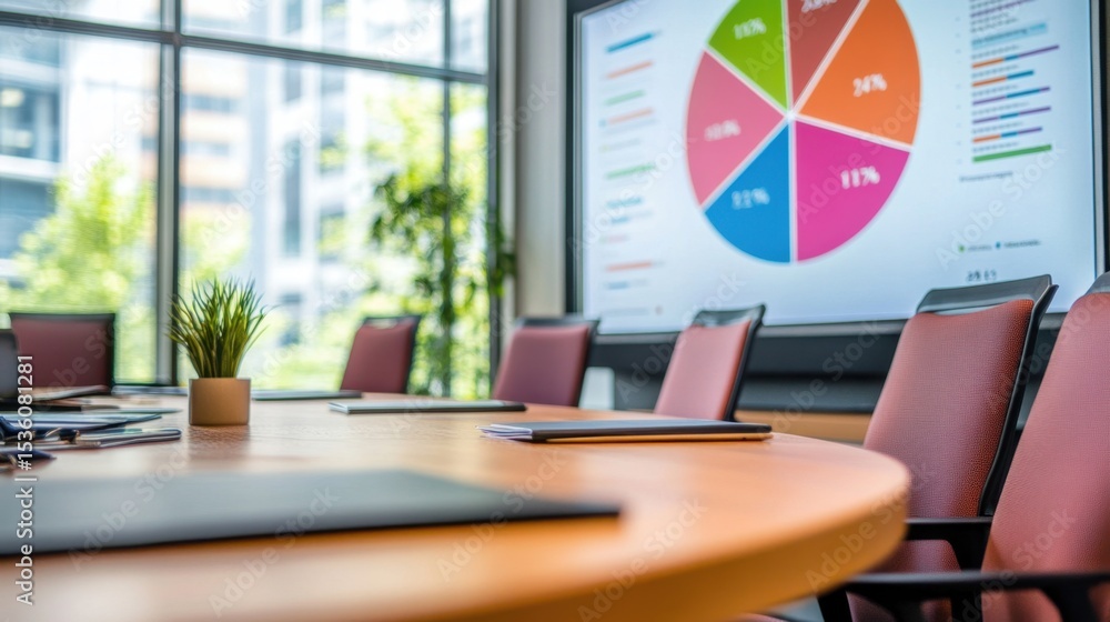 Poster digital screen displaying pie charts and kpis in a prepared high-tech meeting room