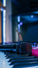 Microphone on midi piano keyboard keys. Recording studio concept