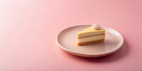 A delicate slice of layered cake, adorned with a pastel meringue, rests on a pale pink plate against a soft pink backdrop.