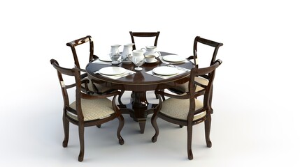 Luxury kitchen table set isolated on clean white background, featuring an elegant and fancy dining arrangement with premium utensils, plates, and glassware. This sophisticated setup is perfect 