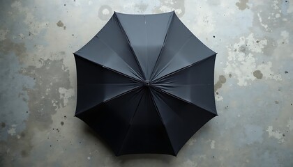 Top-down view of a black umbrella on a mottled concrete surface creating a contrast of textures.