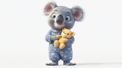 Cartoon koala in pajamas hugs a plush bear, isolated on a white background