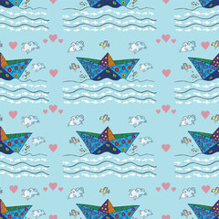 Seamless pattern with origami boats and clouds, vector illustration