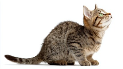 Obraz premium A curious tabby cat looking upwards, showcasing its playful nature and distinct striped fur. Perfect for animal lovers.