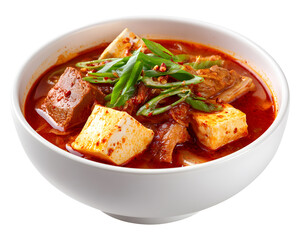 Spicy Korean tofu stew with beef and kimchi served in white ceramic bowl isolated on transparent background