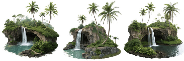 Fototapeta premium Set For Tropical islands with waterfalls isolated on transparent background