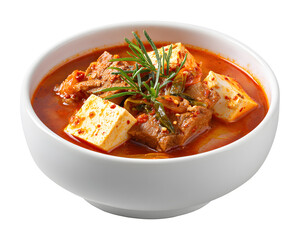 Spicy Korean tofu stew with beef and kimchi served in white ceramic bowl isolated on transparent background
