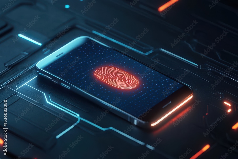 Poster digital fingerprint scan on modern smartphone screen futuristic technology biometric security mobile