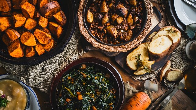 Assorted autumnal dishes on a rustic table setting.