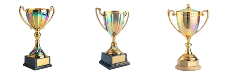 Set For Three golden trophies isolated on transparent background for winners