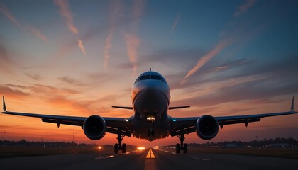 Naklejka premium Airplane poised for takeoff against a vibrant sunset sky, runway lights gleaming