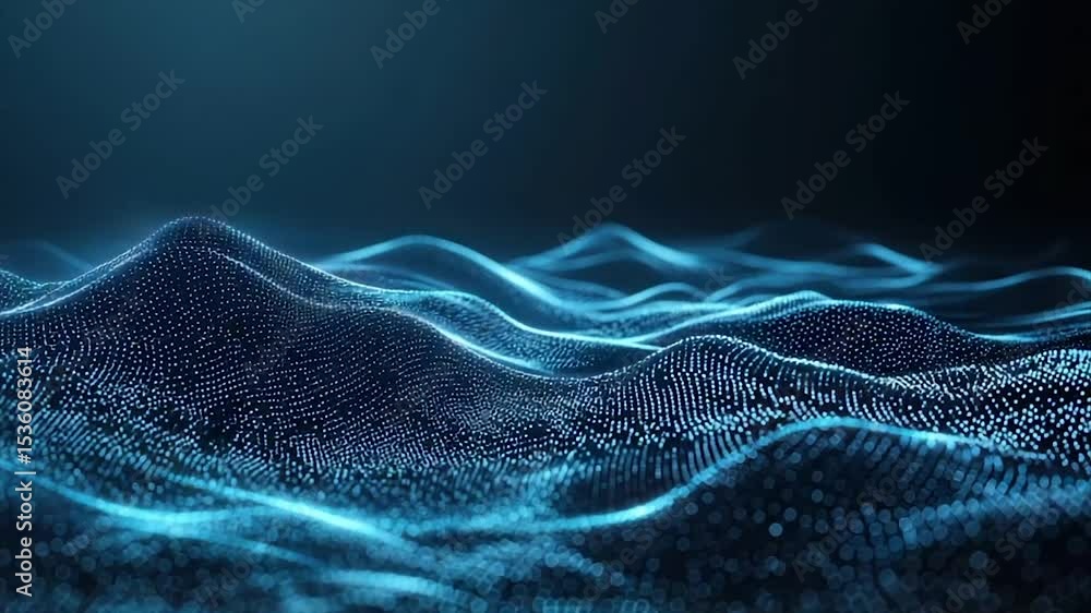 Poster abstract digital landscape. dynamic glowing particles form undulating hills. dark background accentu