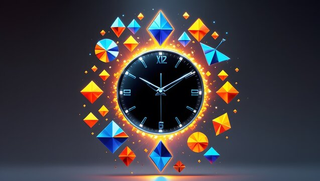 Abstract clock with exploding colorful geometric shapes