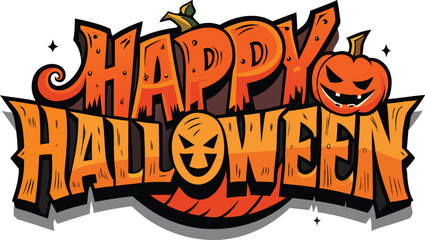 Happy Halloween stylized text graphic orange pumpkin cartoon spooky festive October holiday celebration design