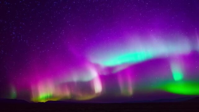 fenomena alam yang luar biasa, yaitu Aurora Borealis atau yang sering disebut Cahaya Utara. Cahaya hijau dan ungu yang berkilau menari di langit malam yang gelap itu, generative AI