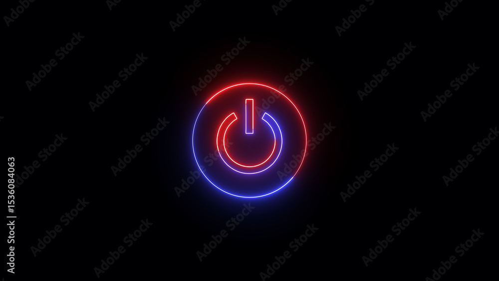Poster glowing neon power button icon illuminated against a dark black background representing on off switc