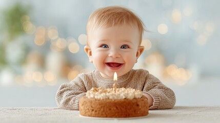 A joyful baby celebrating with a birthday cake, complete with a candle, radiating happiness and innocence in a festive atmosphere.