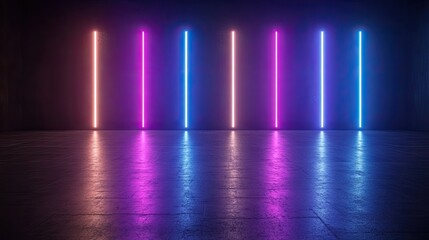 Neon Lights in Dark Room with Reflections on Wet Floor Surface