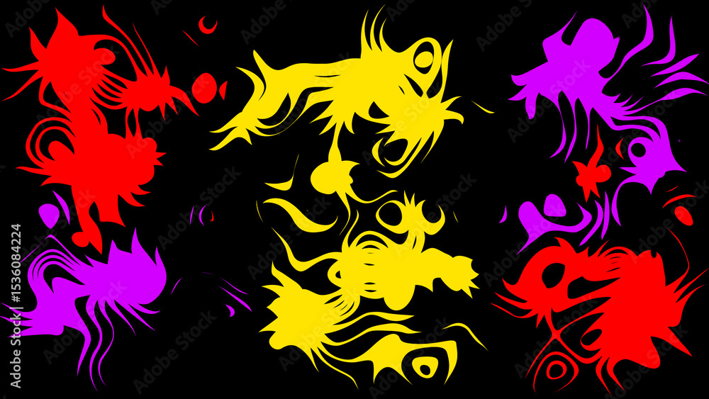 Poster abstract vibrant shapes on a black background featuring colorful swirls and organic forms in a dynam