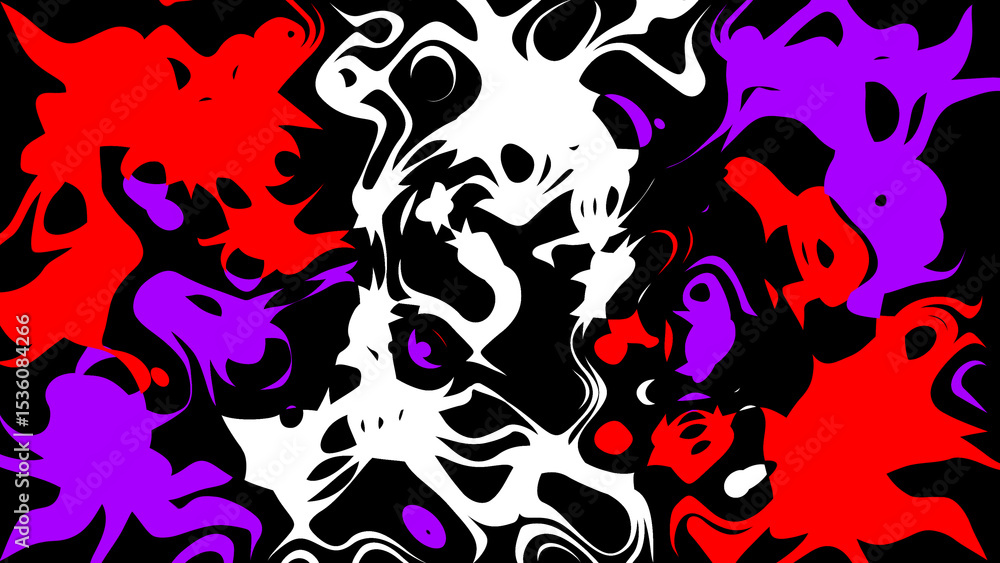 Poster dynamic abstract composition featuring splashes of red purple and white shapes against a black backg