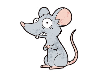 Fototapeta premium Cartoon illustration of a scared, dirty mouse with big eyes and a worried expression