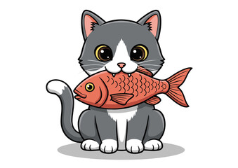 Naklejka premium Adorable Gray Kitten with Big Eyes Enjoying a Delicious Red Fish Cartoon Illustration