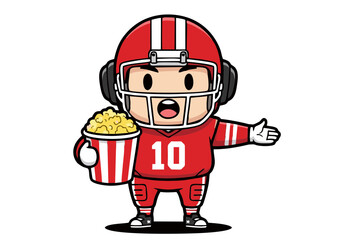 Adorable Cartoon Football Player Enjoying Popcorn Game Day Fun Illustration