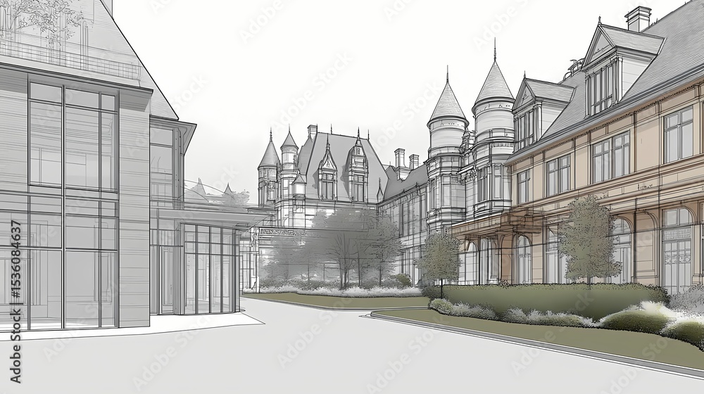 Poster architectural rendering of a modern building complex and historical structures.