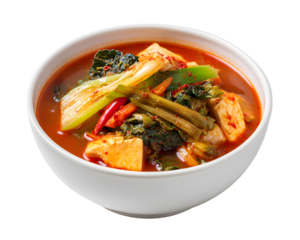 Spicy Asian vegetable soup with napa cabbage radish and chili in white ceramic bowl isolated on transparent background